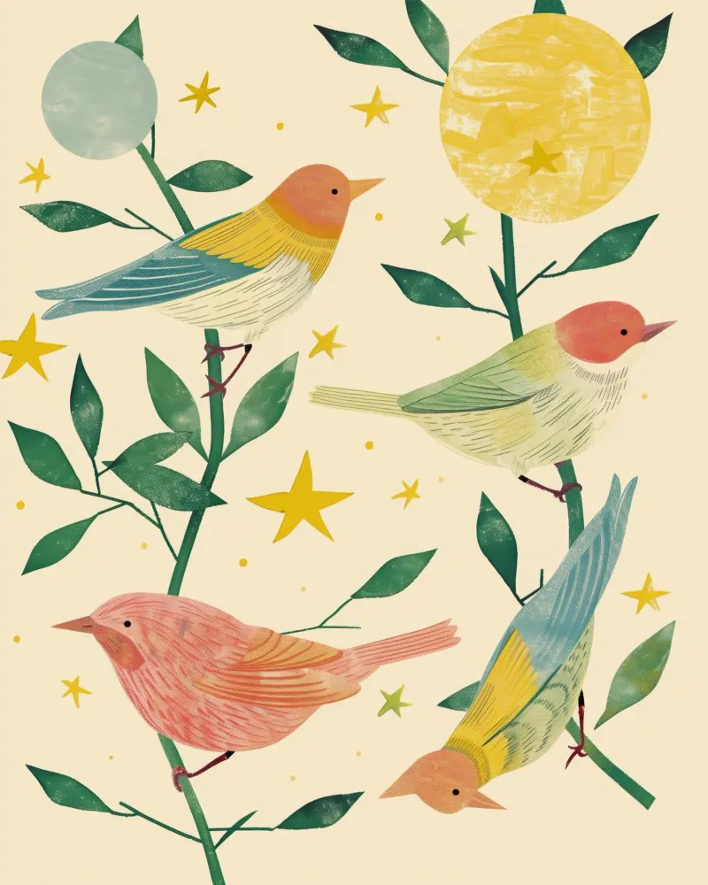 Boho Botanical Birds Cute Animal Moon and Stars Camera dei bambini pellicola backlit da Gentle Echoes Art