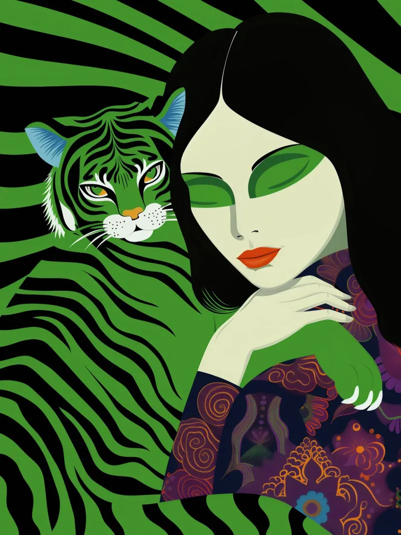 Donna con gatto verde poster con telaio in plastica da Autofocus
