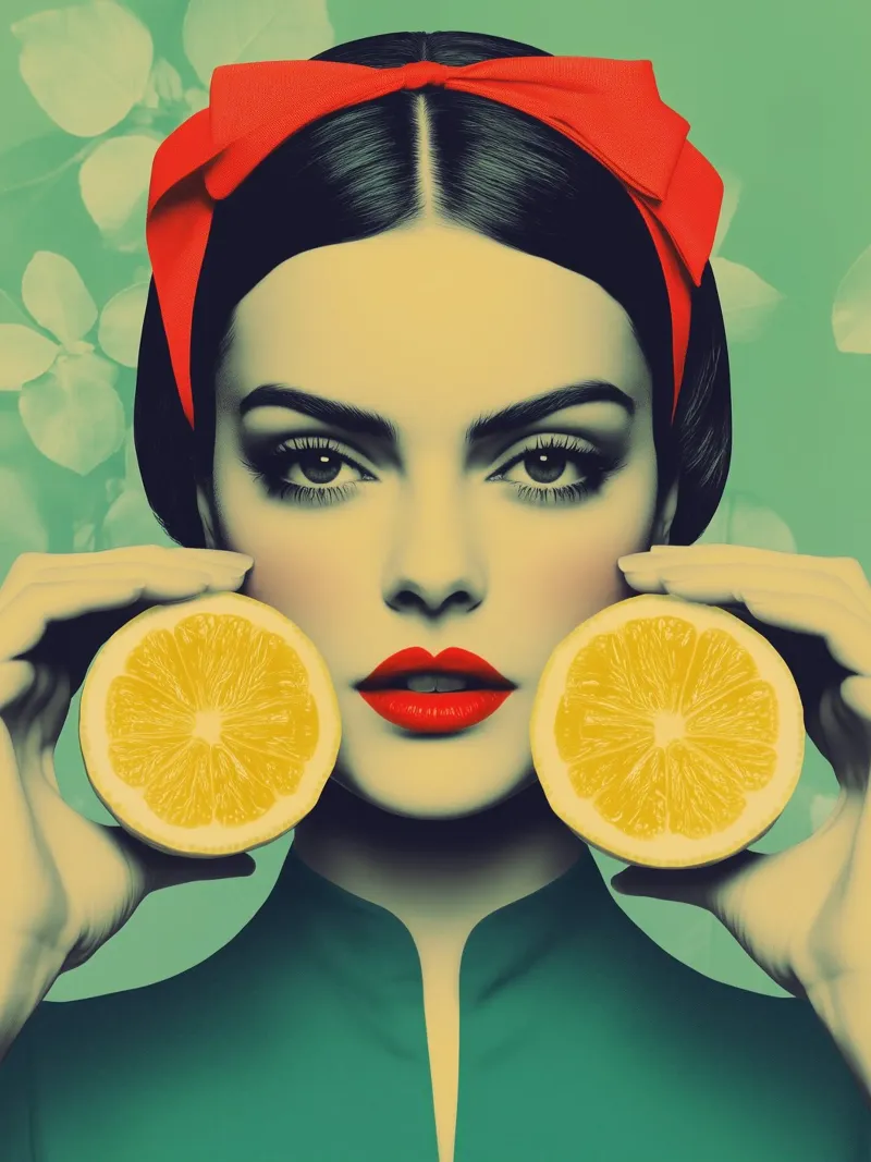 Lemon Girl | Retro-futurisme ontmoet vitamine C glamour canvas met Baklijst van Autofocus