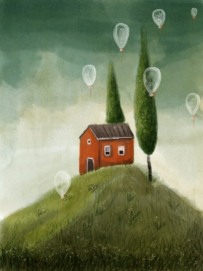 La casa rossa e i palloncini poster con telaio in plastica da Indigo Rain