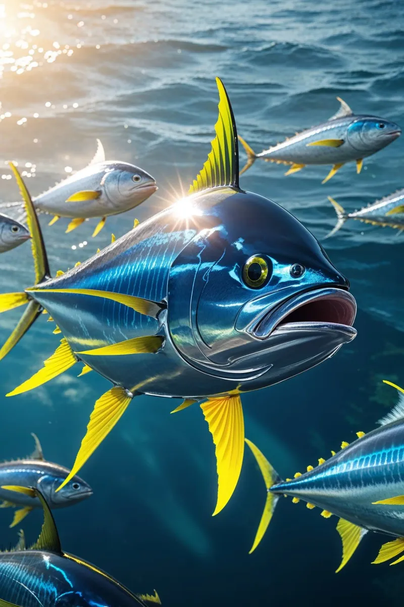 Yellowfin Tuna Swimming in Sunlit Depths poster con telaio in plastica da AlbertKlee