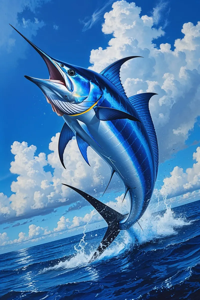 Majestic Blue Marlin Leaping from the Ocean poster con telaio in plastica da AlbertKlee