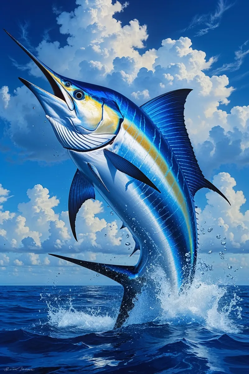 Splendid Marlin Against a Vibrant Sky poster con telaio in plastica da AlbertKlee