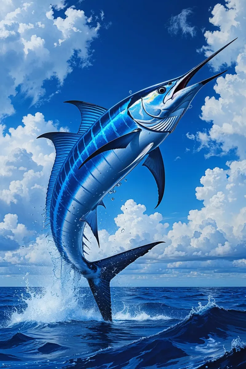 Blue Marlin’s Leap into the Sky poster con telaio in plastica da AlbertKlee