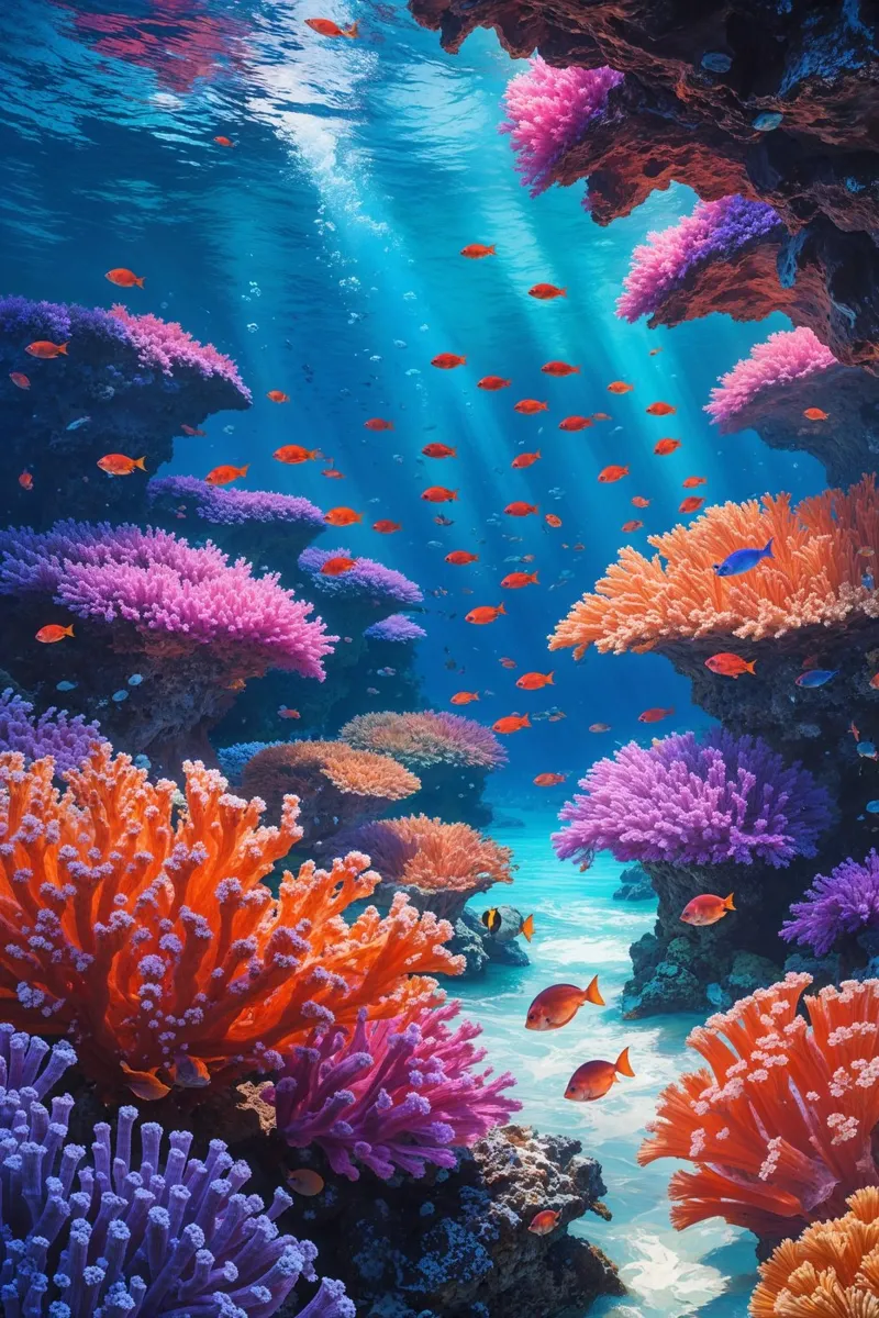 Illuminated Coral Reef with Swimming Fish carta hahnemühle da AlbertKlee
