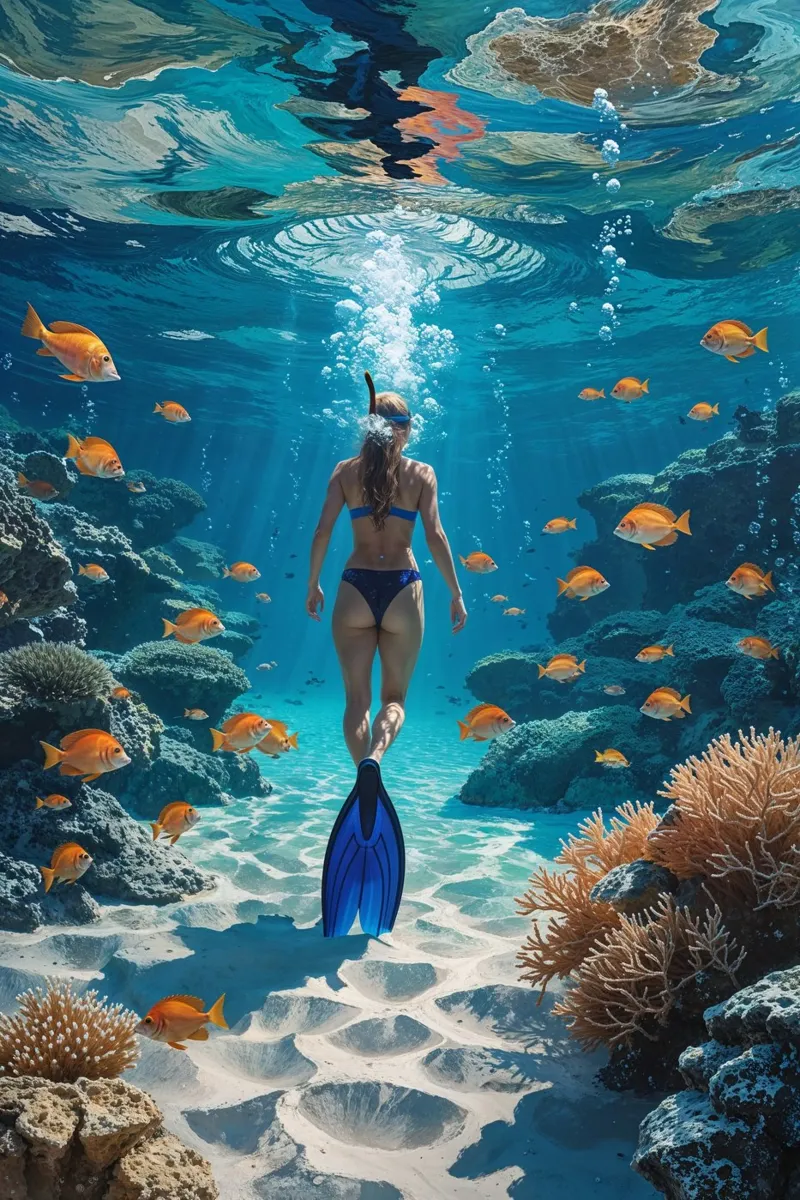 Snorkeler in a Pristine Coral Wonderland poster da AlbertKlee