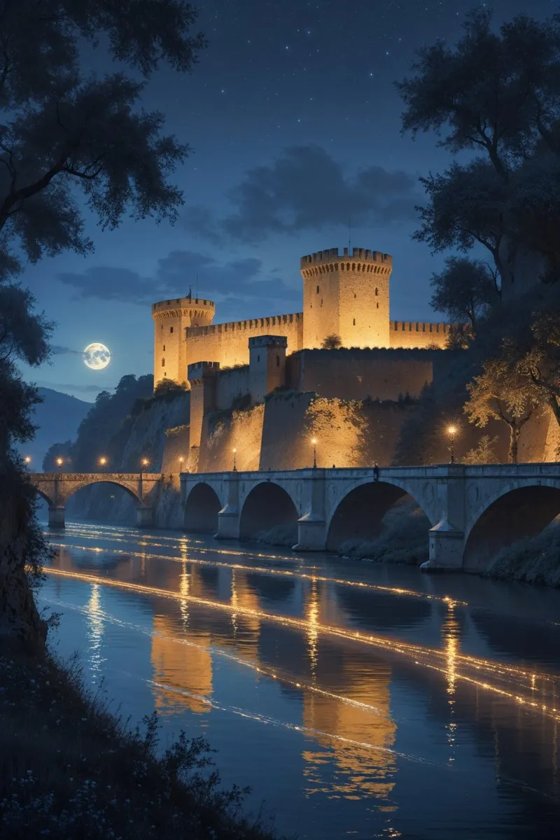 Golden Glow on a Moonlit Castle metacrilato de AlbertKlee