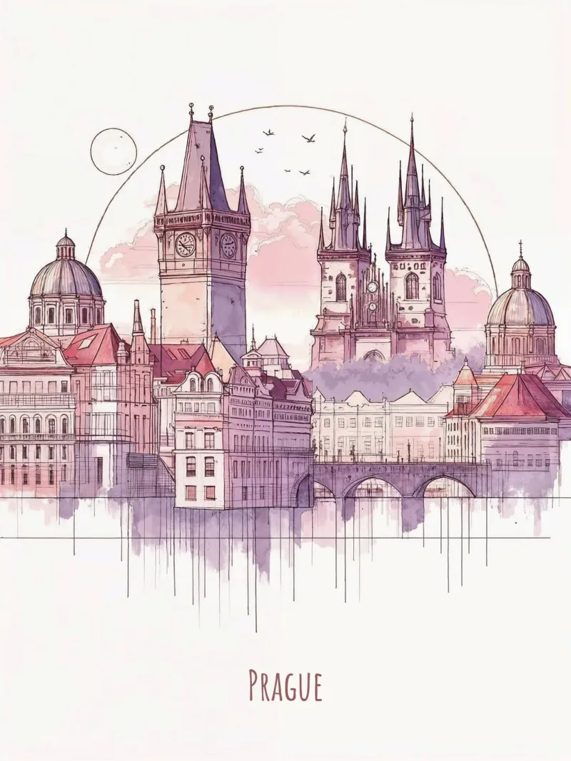 Prague City minimalist modern landmarks art poster with wooden frame by WijdevenDesign