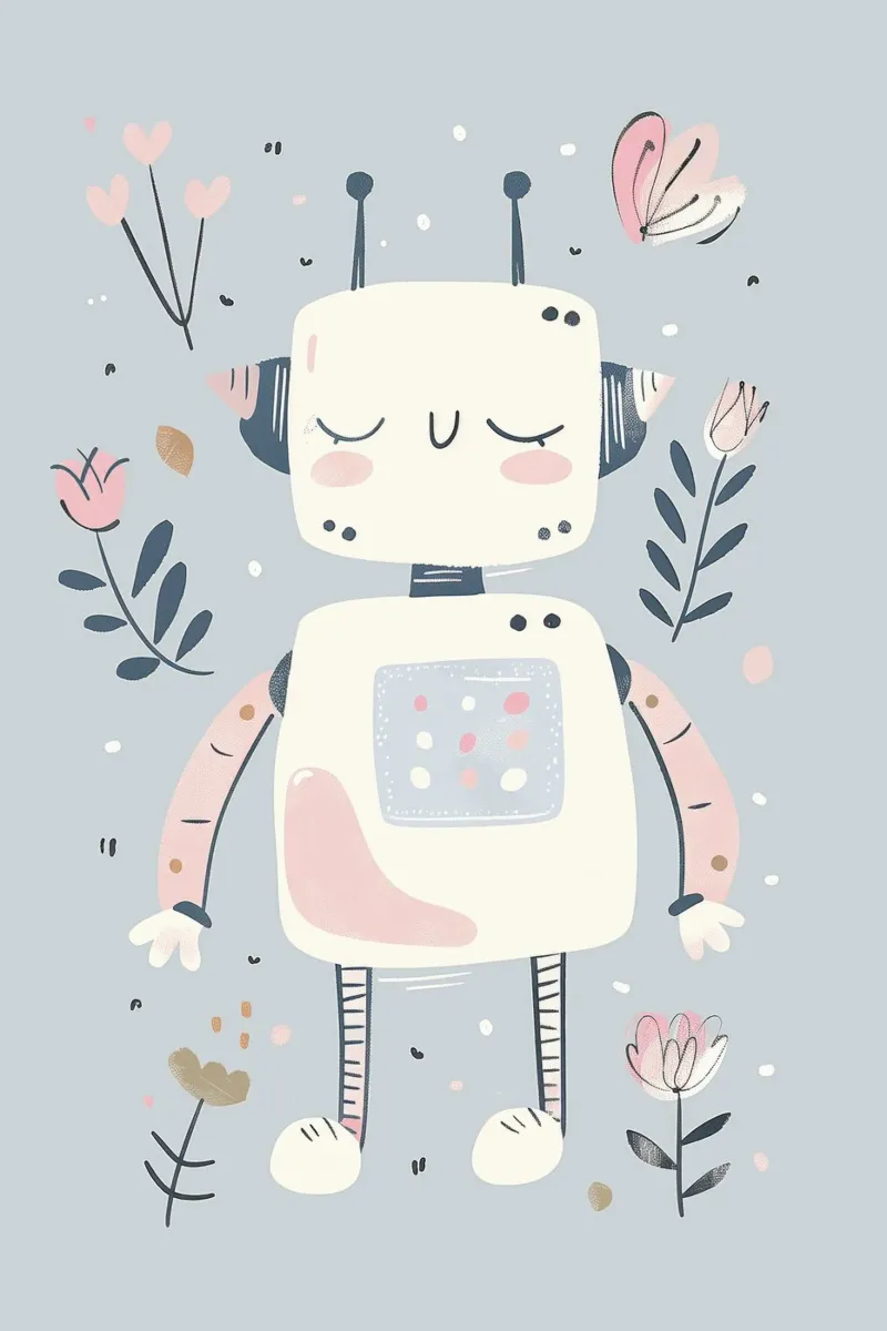 Robot carino, decorazione per bambini, stampa per cameretta, fiori carta hahnemühle da Little Lola