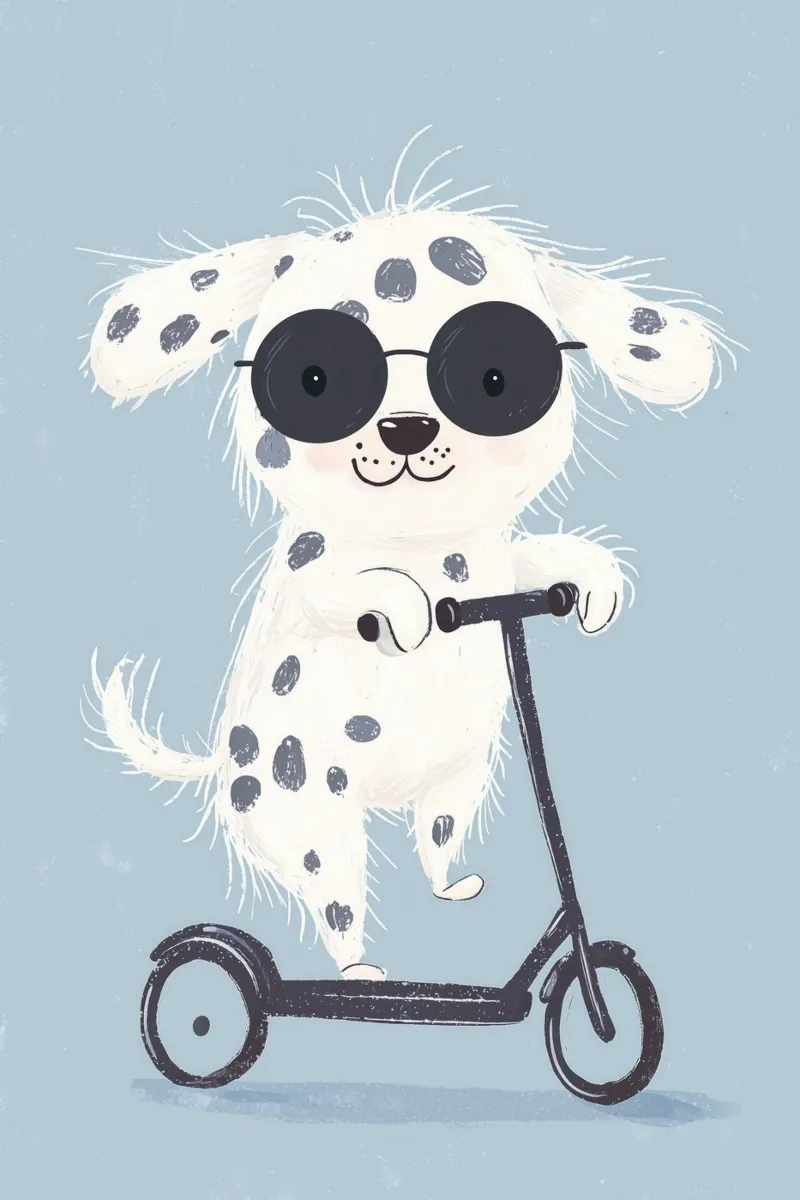 Impresión infantil, ilustración dálmata lindo cachorro Scooter metacrilato de Little Lola