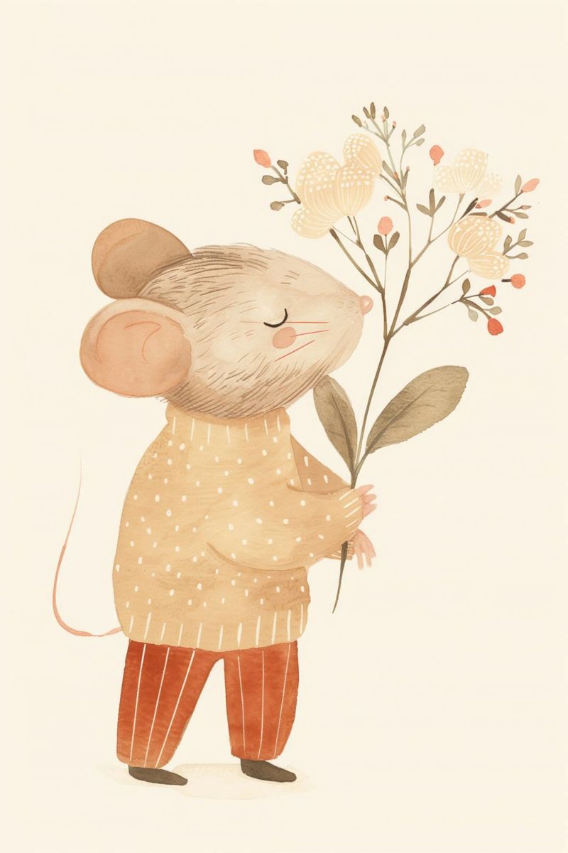 Aquarell Maus hält Blumen, Kinderzimmer Druck Poster von Little Lola