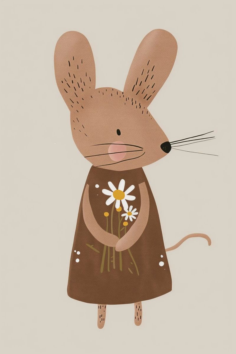 Topo con fiori in mano, simpatica cameretta neutra per bambini poster da Little Lola
