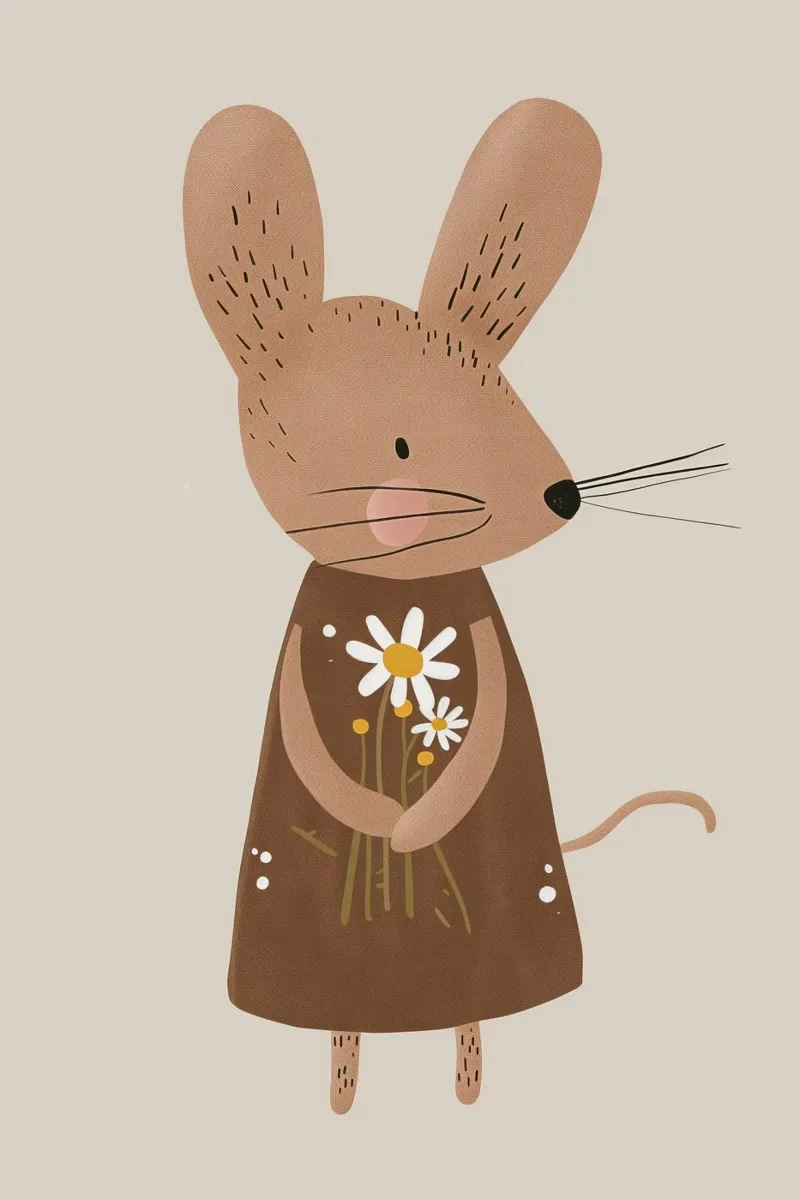 Topo con fiori in mano, simpatica cameretta neutra per bambini poster da Little Lola