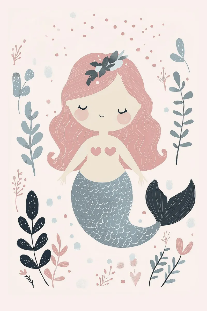 Sirenetta, arte murale pastello, design cameretta per bambini poster con telaio in legno da Little Lola