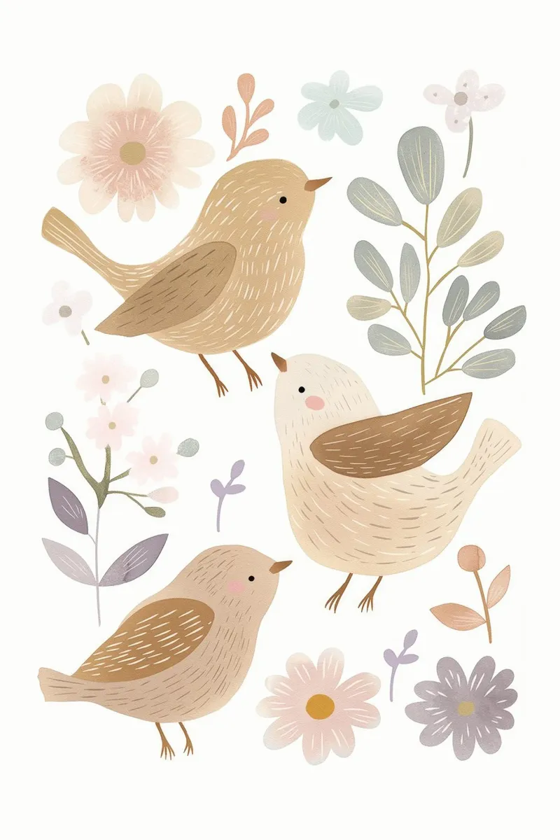 Uccelli e fiori, stampa per cameretta, cameretta pastello per bambini poster da Little Lola