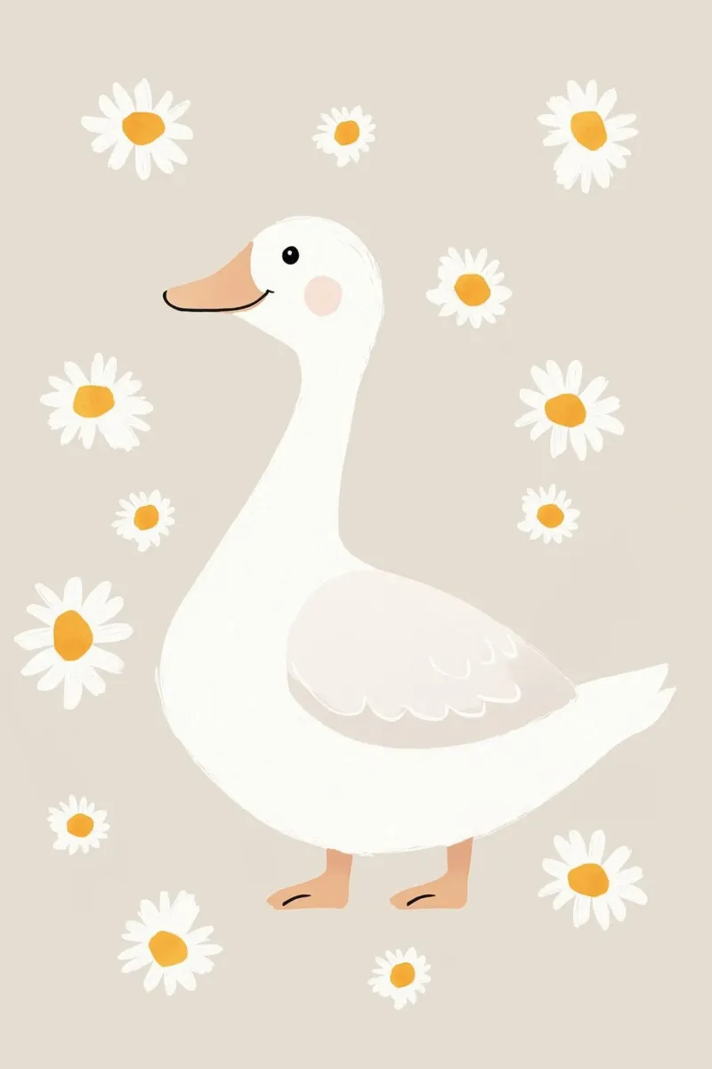 Oca felice con fiori, illustrazione carina per la cameretta dei bambini poster con telaio in legno da Little Lola