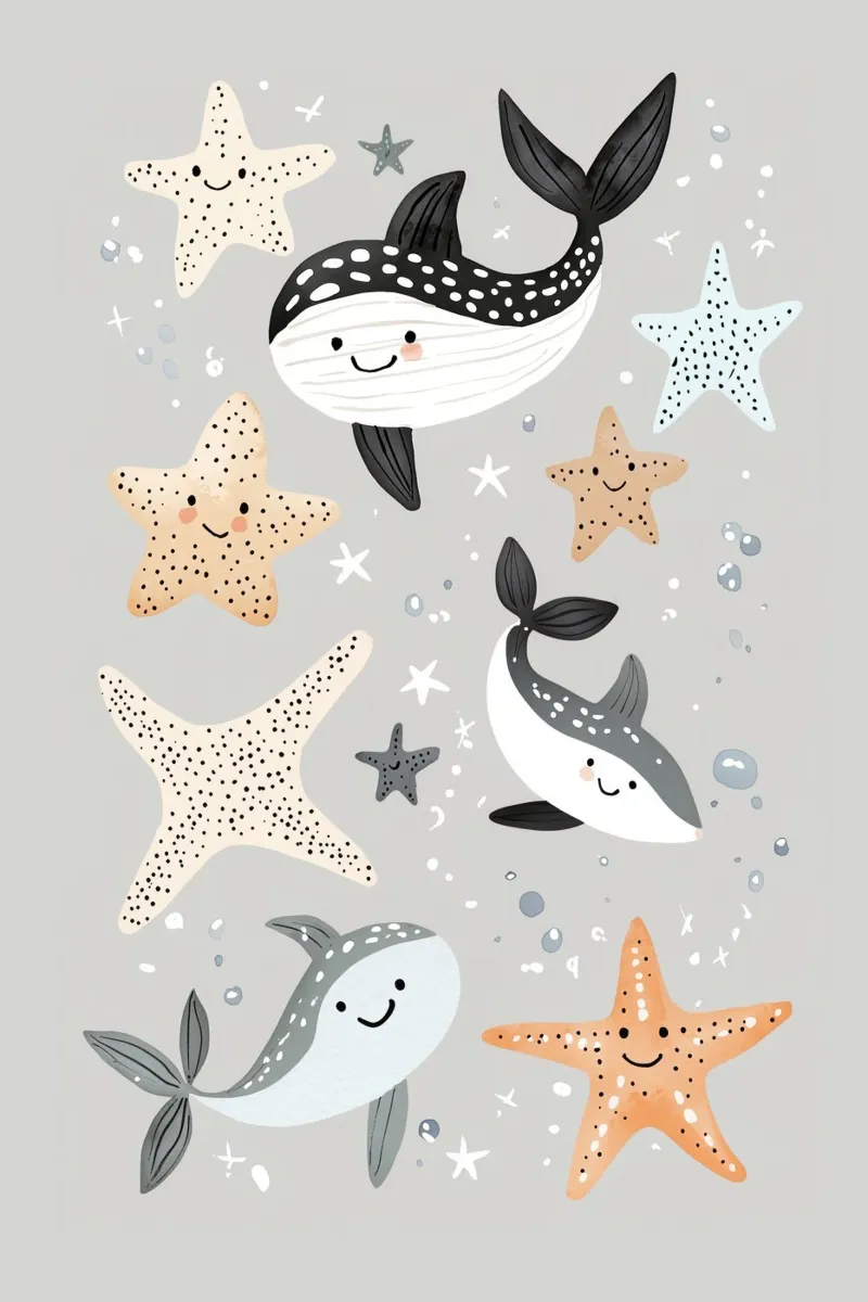 Onder de zee Print, zeester, walvis, zeedieren kunst poster met aluminium frame van Little Lola