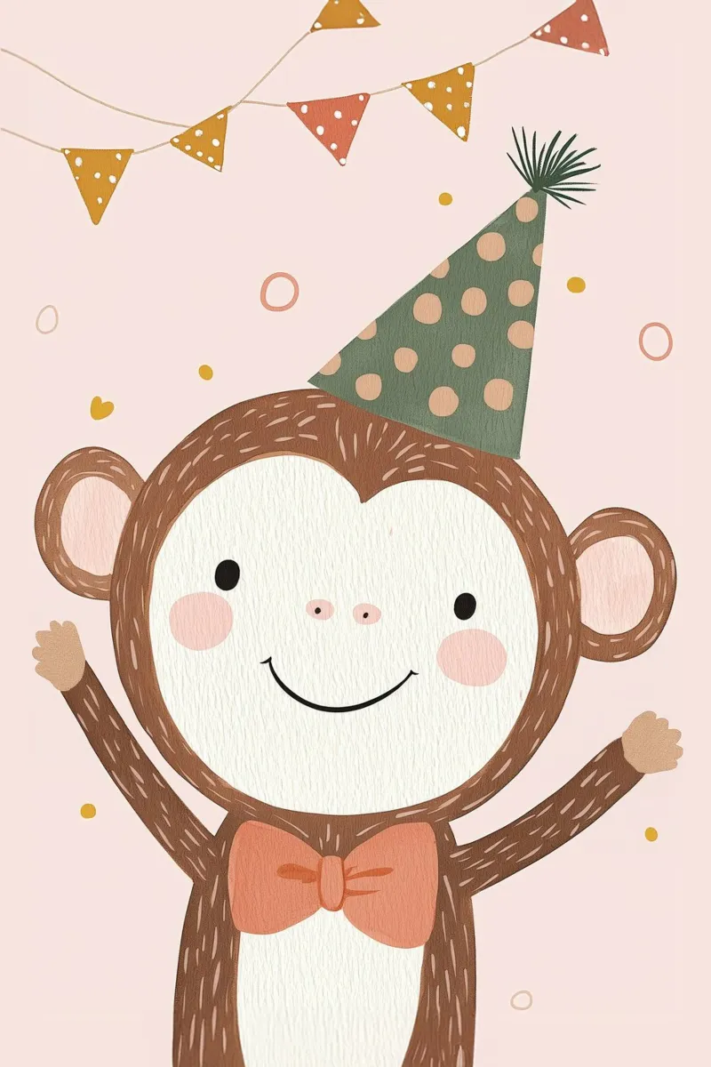 Illustrazione di scimmia di compleanno, grafica pastello per la stanza dei bambini poster con telaio in alluminio da Little Lola