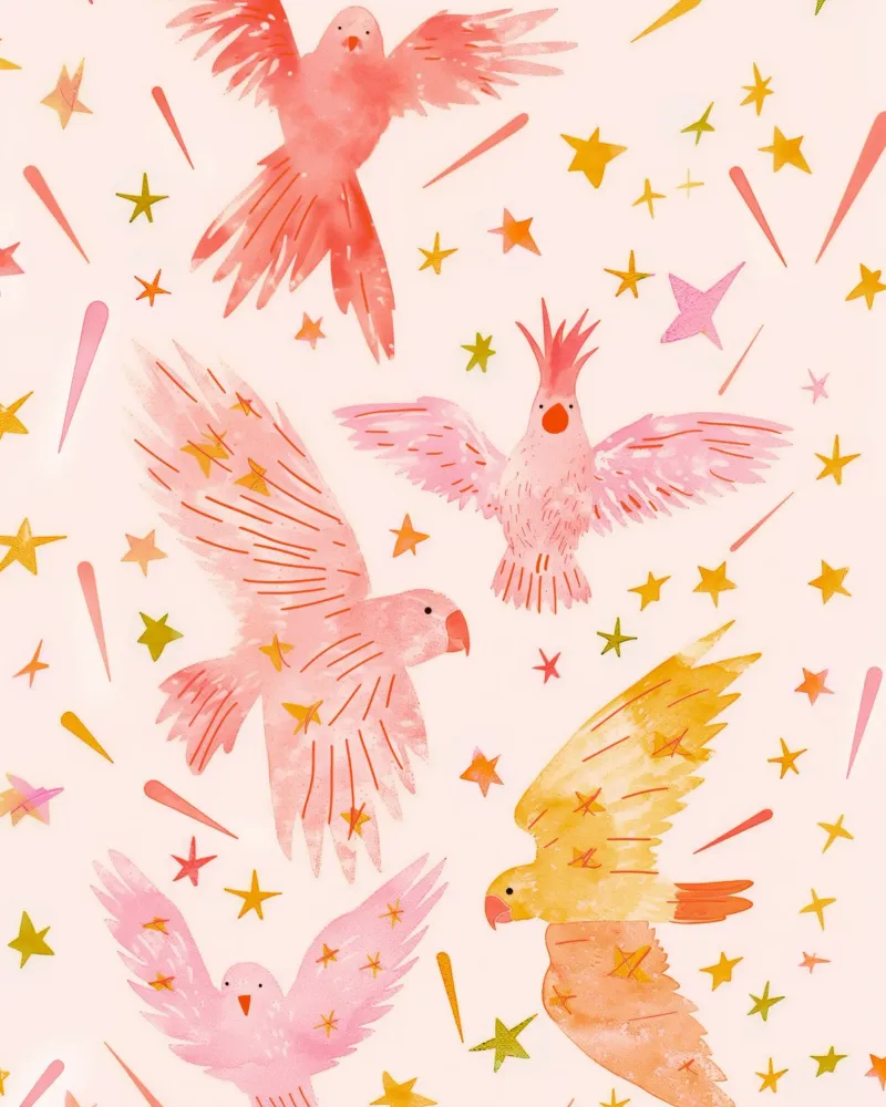 Piume Carino Cacatua rosa Pappagalli Uccelli Stelle Camera dei bambini pellicola backlit da Gentle Echoes Art