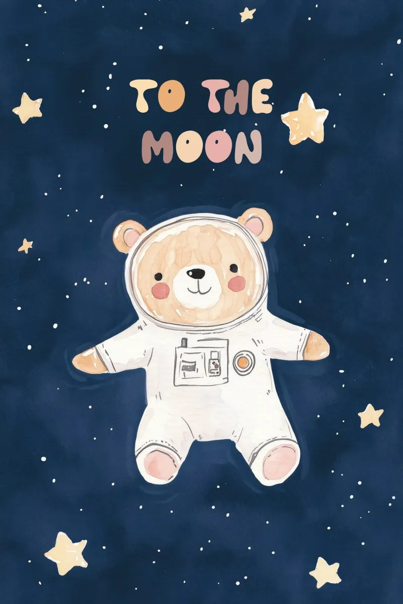To The Moon Nursery Print, Oso en el espacio, cuarto de juegos infantil poster de Little Lola