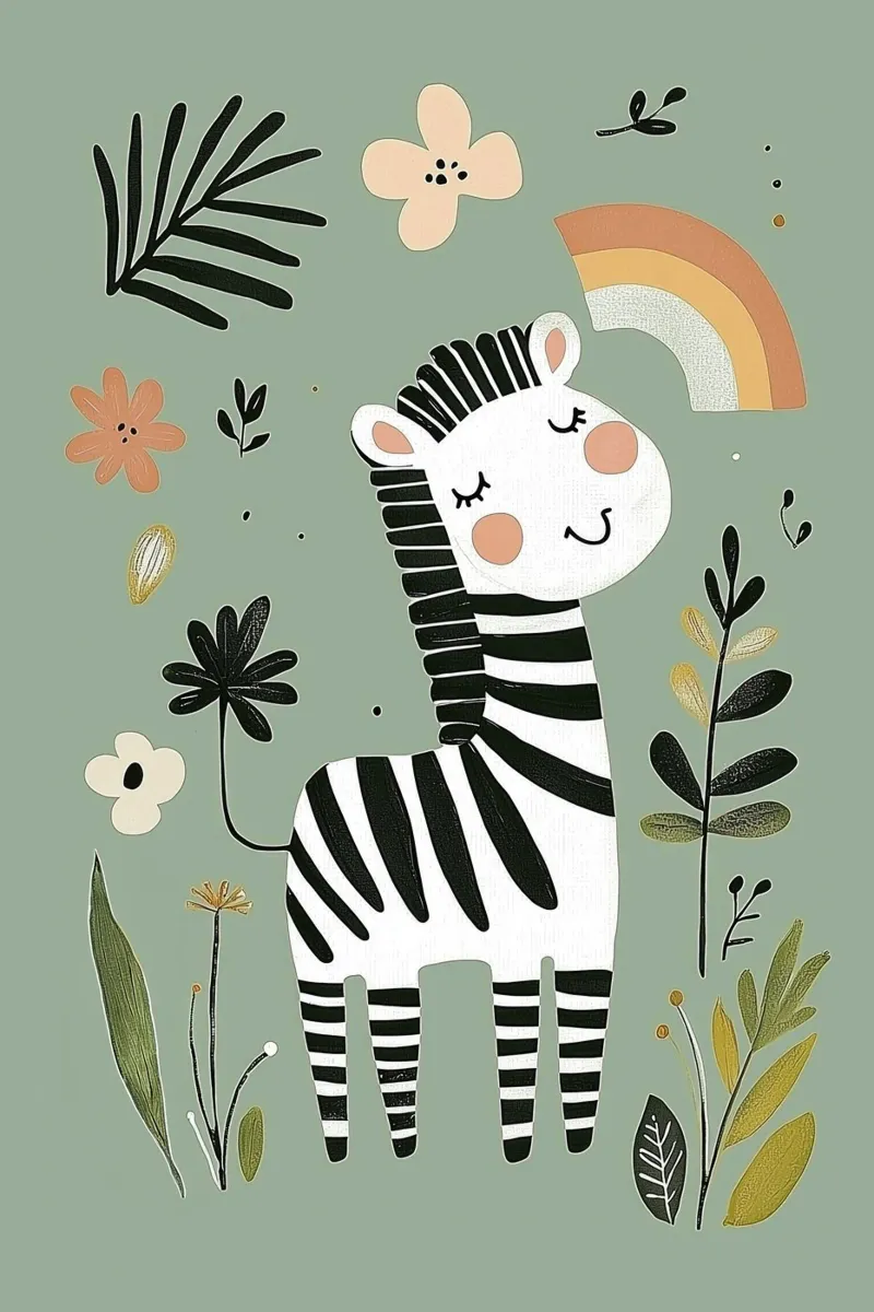 Zebra Tier Illustration für Kinderzimmer, Regenbogen Botanische Kunst Hahnemühle von Little Lola