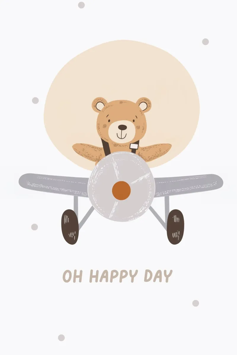 Orso che vola su un aereo, illustrazione di un pilota, stampa per la cameretta di un bambino pellicola backlit da Little Lola