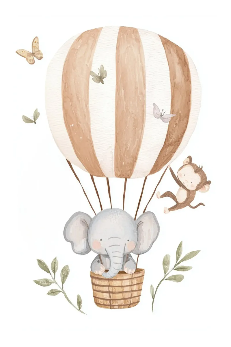 Globo de aire caliente con elefante y mono, Nursery Wall Art hahnemühle de Little Lola