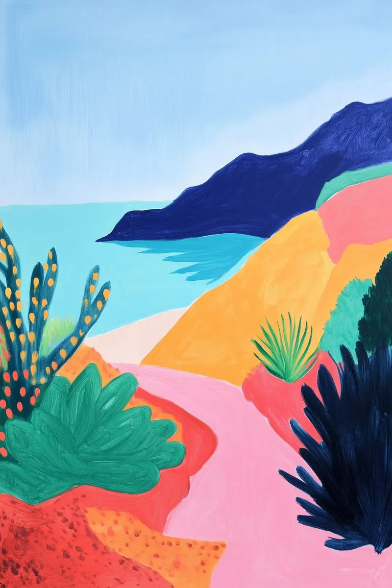 Colourful Mediterranean coast poster with wooden frame by studiofox
