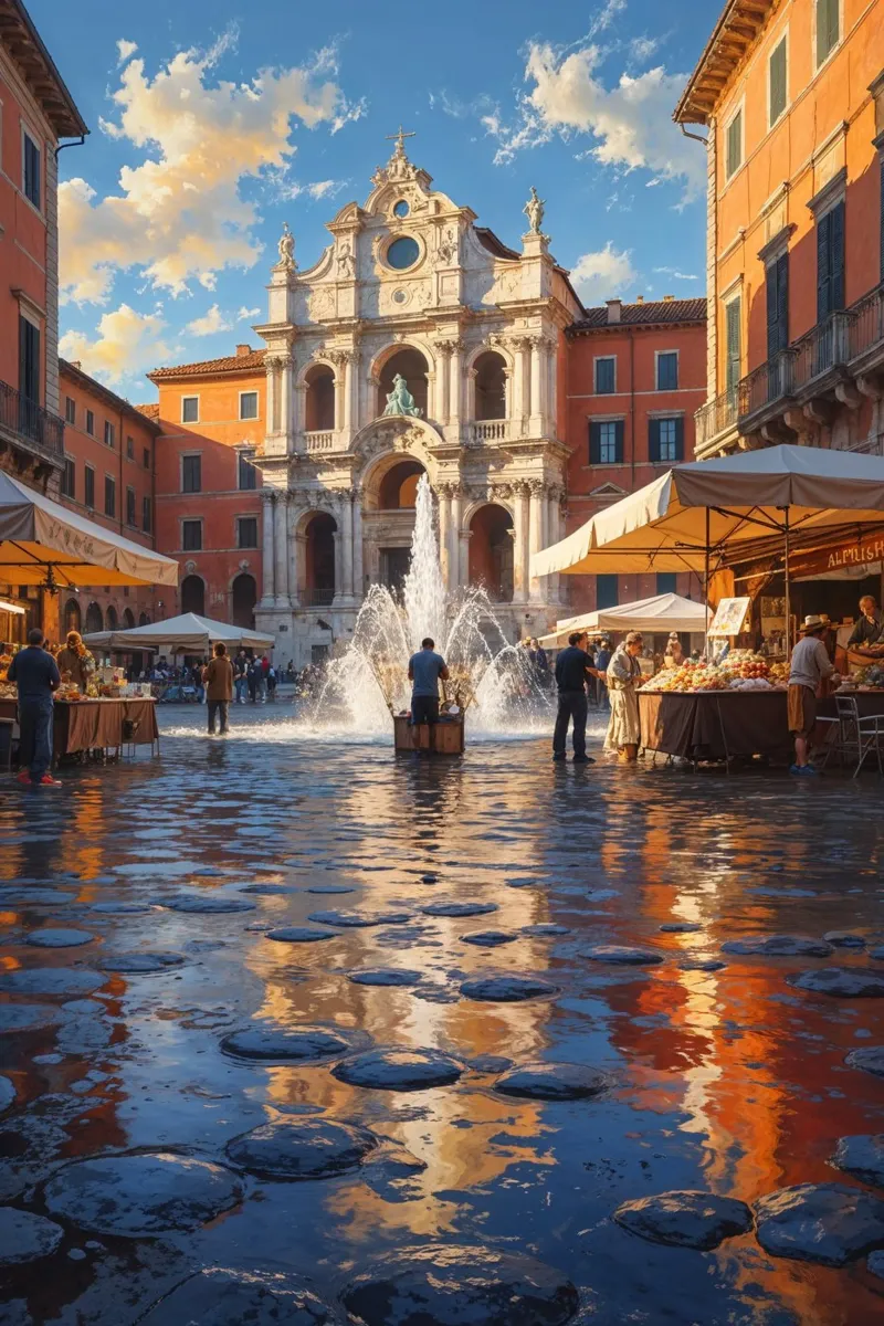 Baroque Piazza with Central Fountain Reflection poster con telaio in alluminio da AlbertKlee