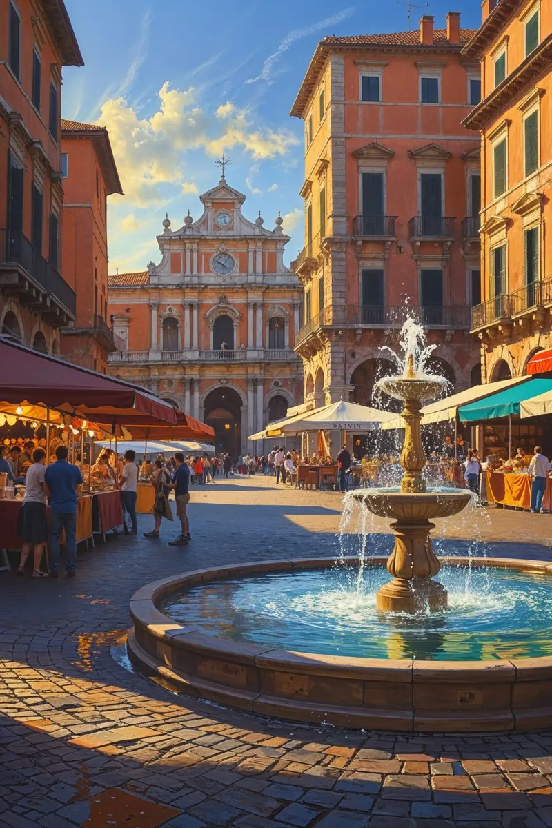 Sunlit Italian Square with Radiant Fountain poster con telaio in legno da AlbertKlee