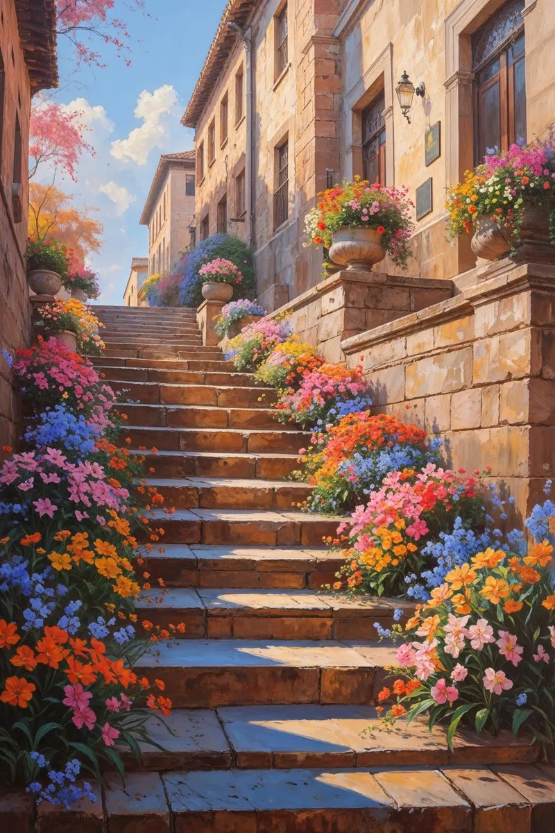 Sunlit Spanish Steps with a burst of floral colors poster da AlbertKlee