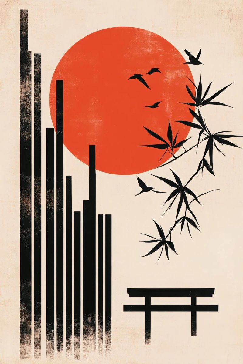 Póster de Japón con bambú, pájaros, sol y santuario sintoísta poster de Autofocus