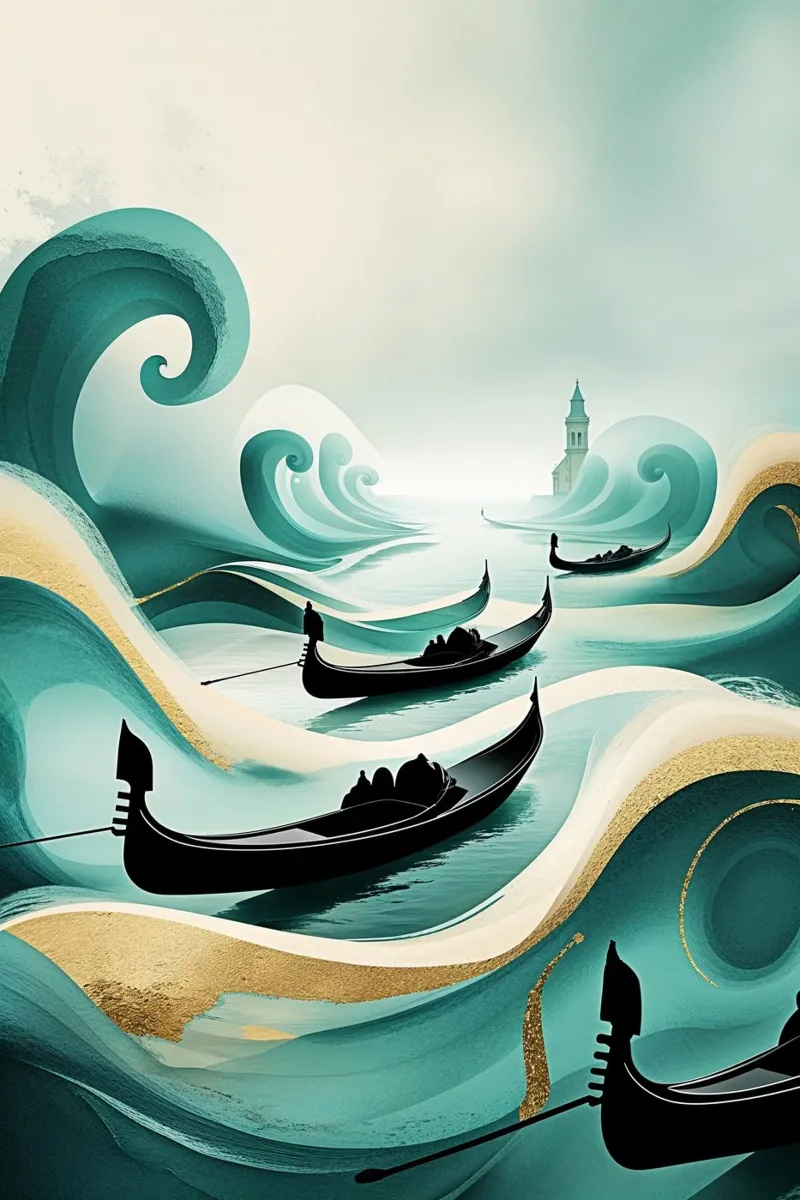 A dreamy abstraction of Venetian gondolas in serene waves poster con telaio in plastica da AlbertKlee