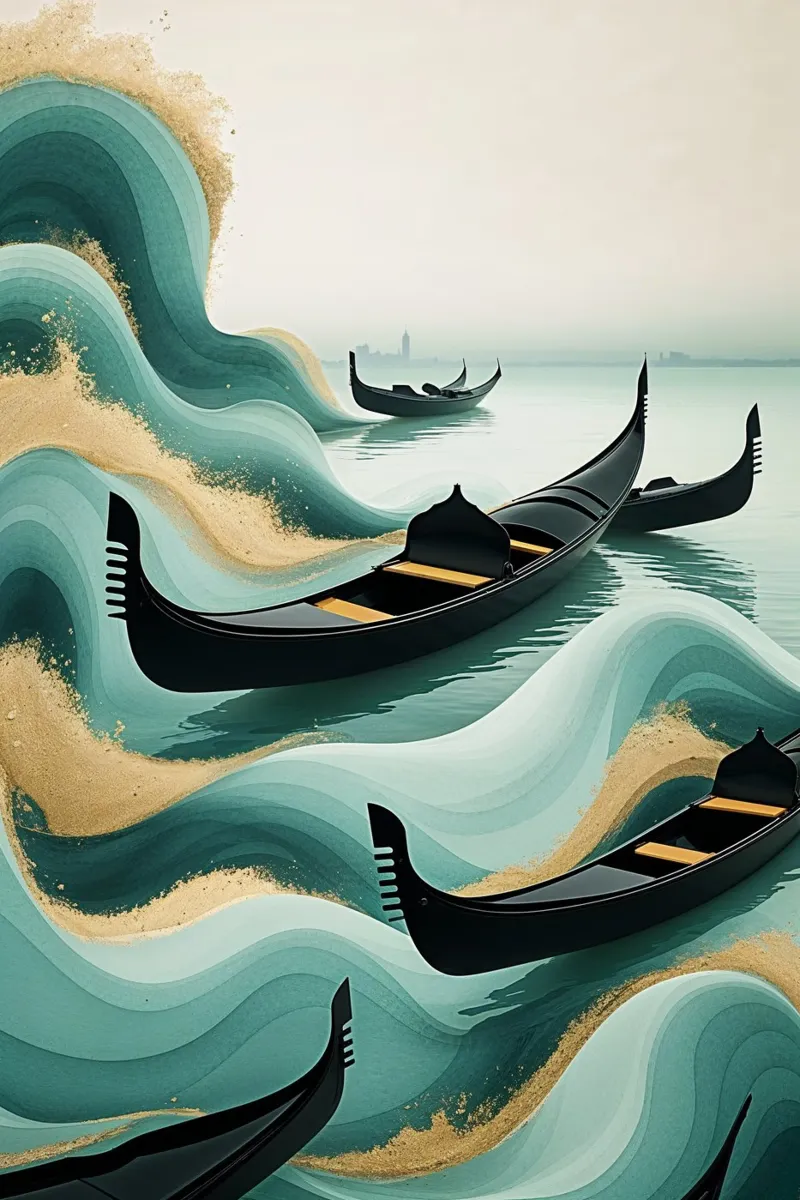 Flowing gondolas on textured Venetian waves poster con telaio in plastica da AlbertKlee