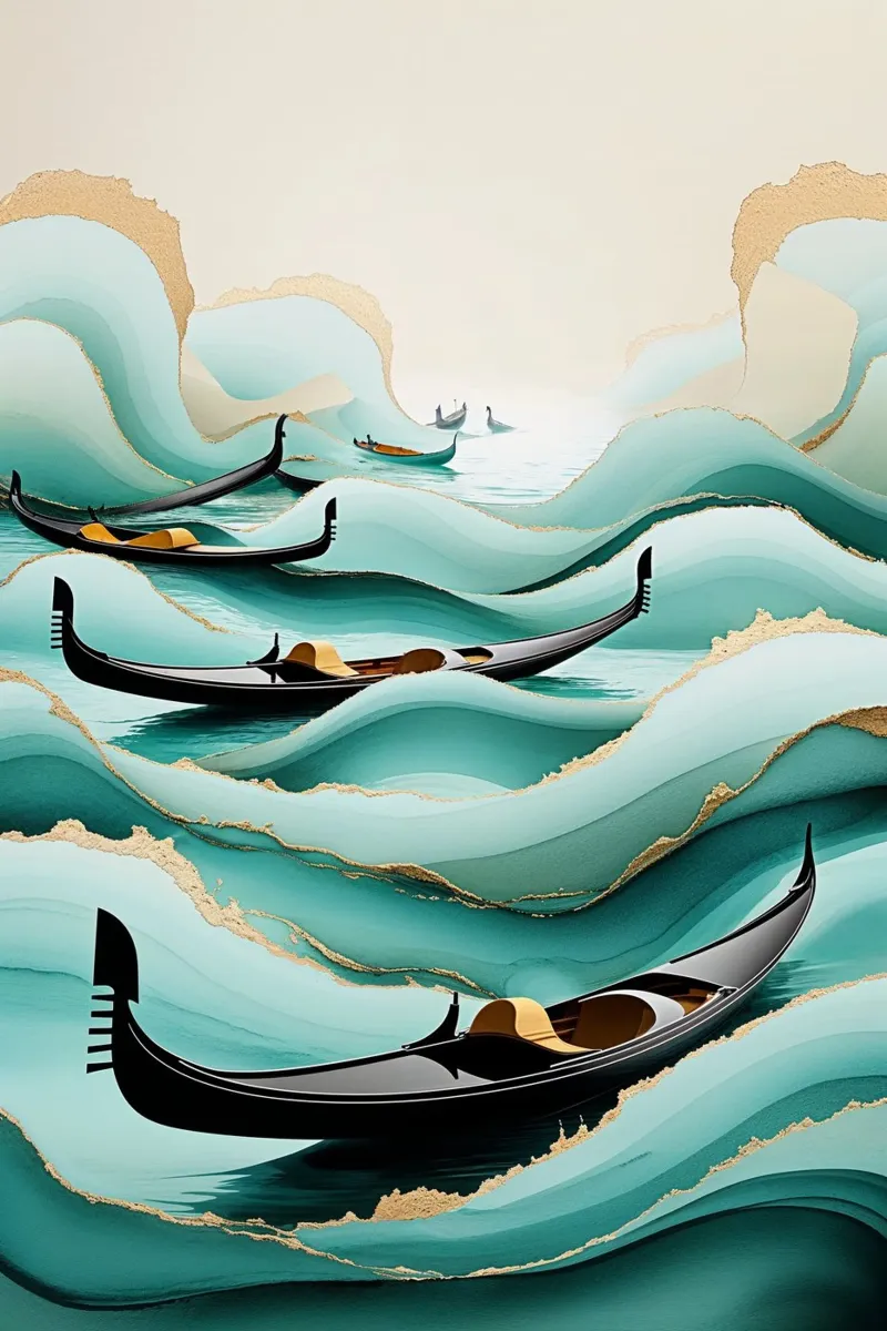 Surreal gondolas amidst textured teal waters poster con telaio in plastica da AlbertKlee