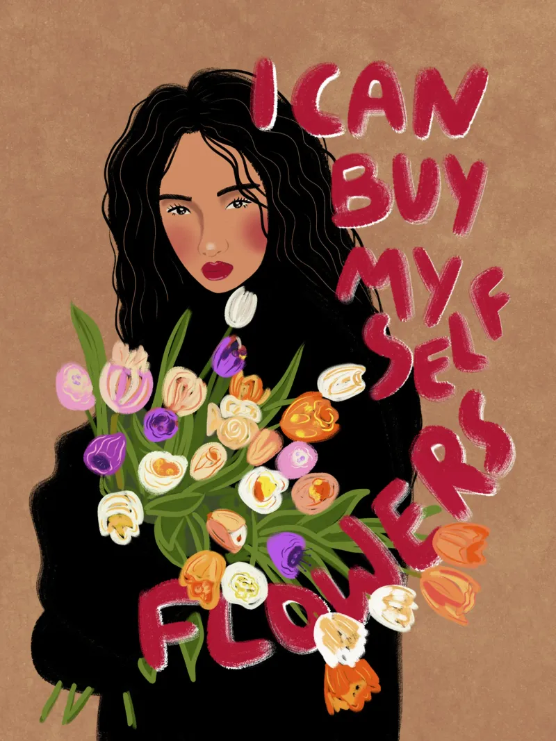 I can buy myself flowers poster with wooden frame by Illustration Raissa Oltmanns