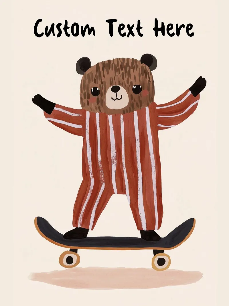 Custom Bear Skateboarding Print, Personalised Print for kids poster with wooden frame by Little Lola