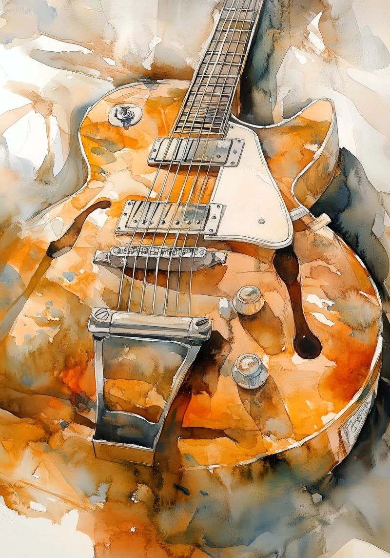 Guitar music watercolor art poster by Justyna Jaszke JBJart