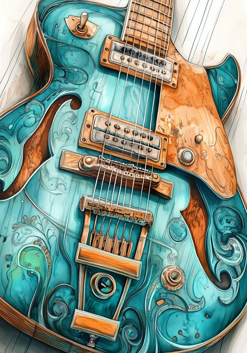 Blaue Gitarre Musik Aquarellmalerei Leinwand mit Schattenfugenrahmen von Justyna Jaszke JBJart