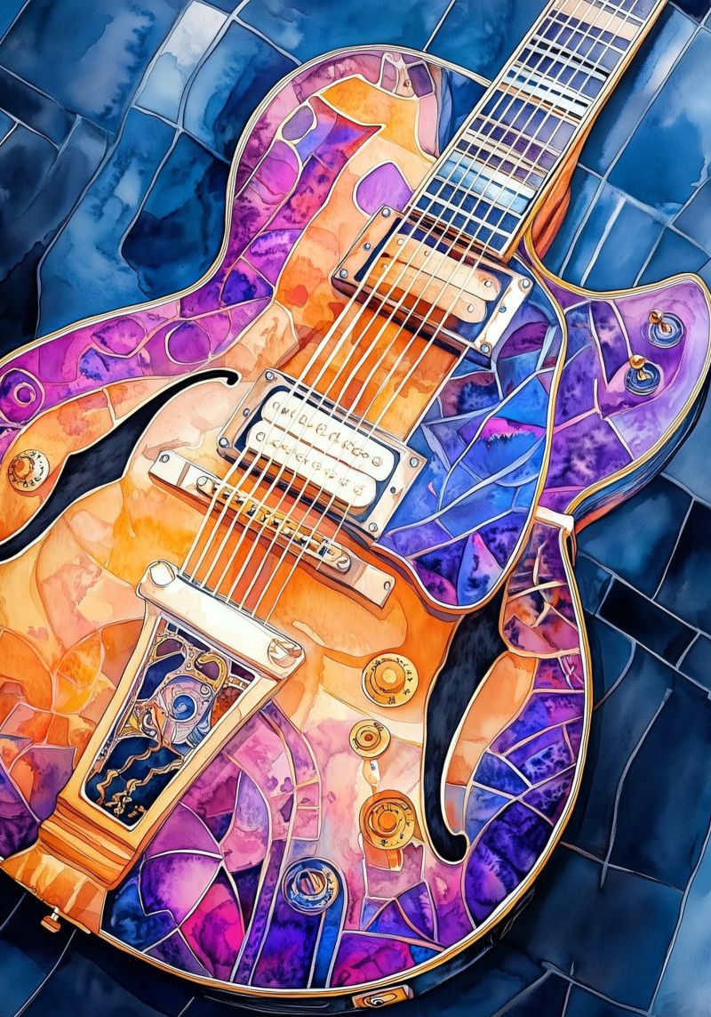 Guitar music watercolor art poster by Justyna Jaszke JBJart