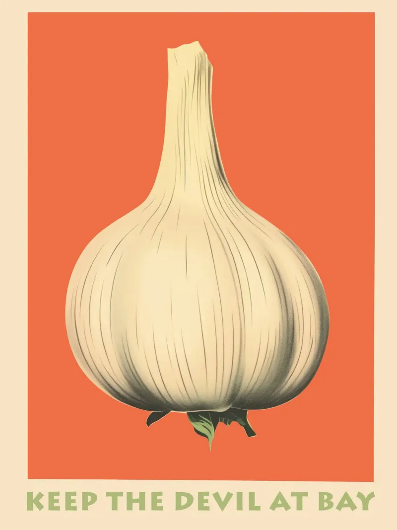 Aglio | Tiene a bada il diavolo | Manifesto della cucina poster con telaio in alluminio da Autofocus