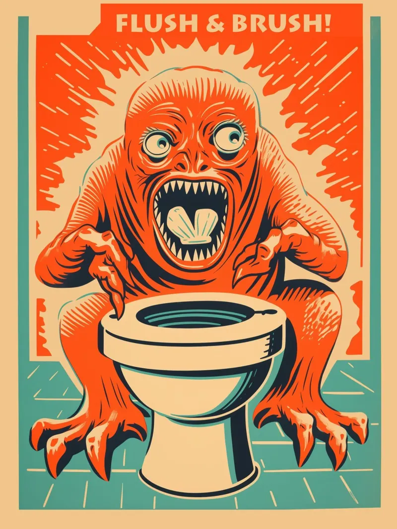 Sciacquone e spazzolone | Istruzioni per l'uso della toilette per ospiti poster da Autofocus