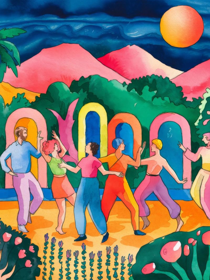 Fiesta al atardecer poster con marco de madera de Artie Shifa