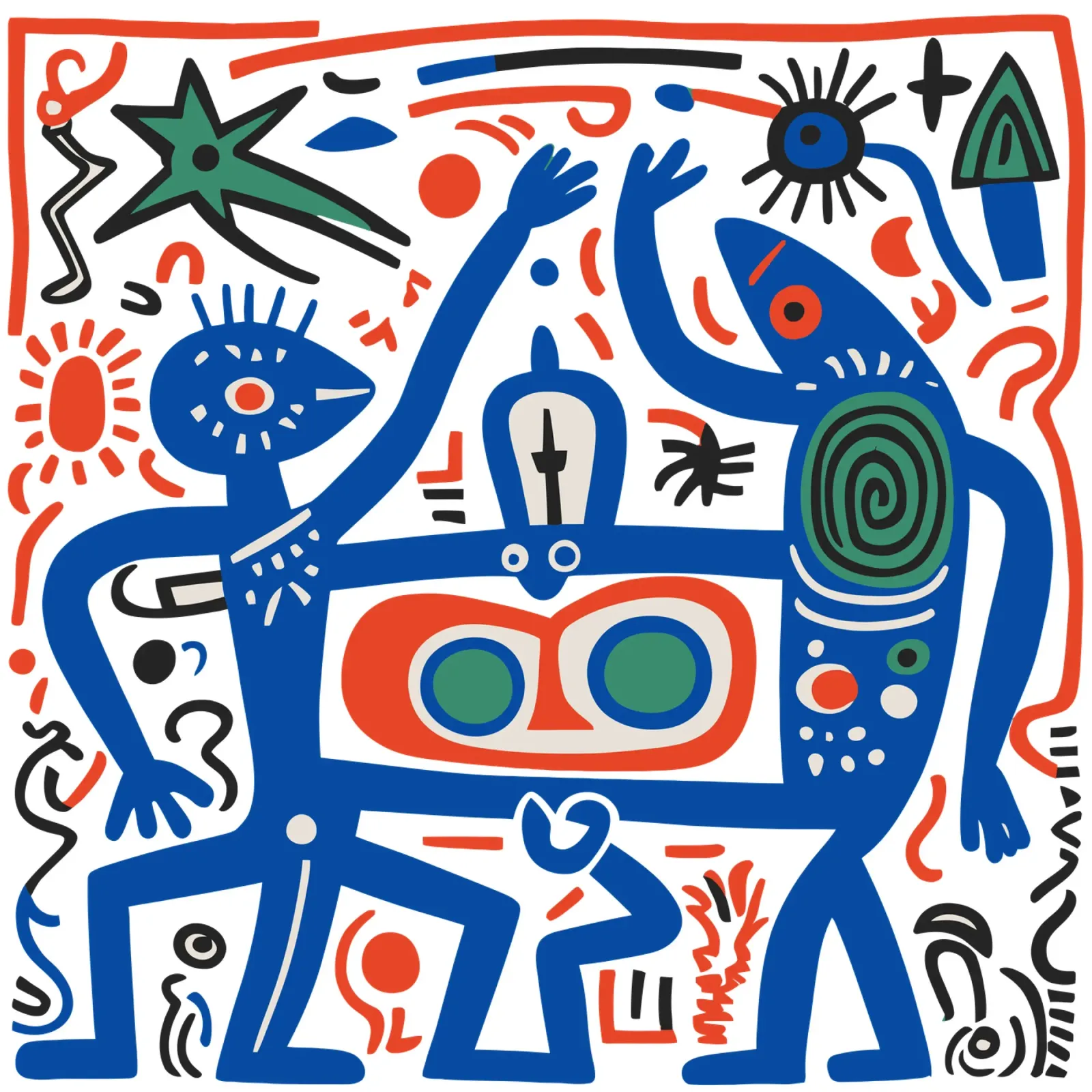 Blue Fishes and Men Aztec Tribal Graffiti alu-dibond by Signorino