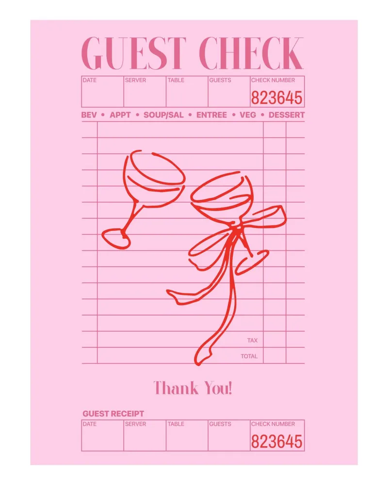 Guest Check Cocktail Print, Pink Poster, Cute Preppy Print poster with aluminum frame by Coquette Club