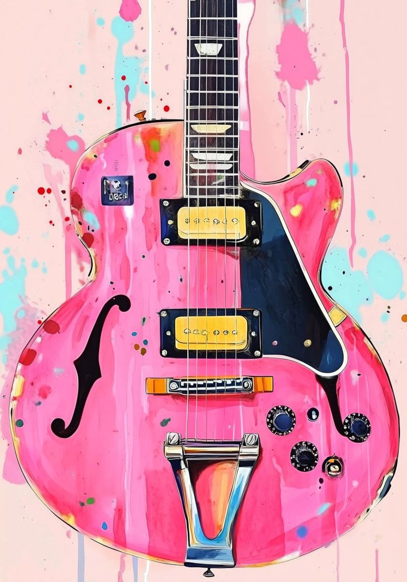 Pink watercolor guitar music art poster by Justyna Jaszke JBJart