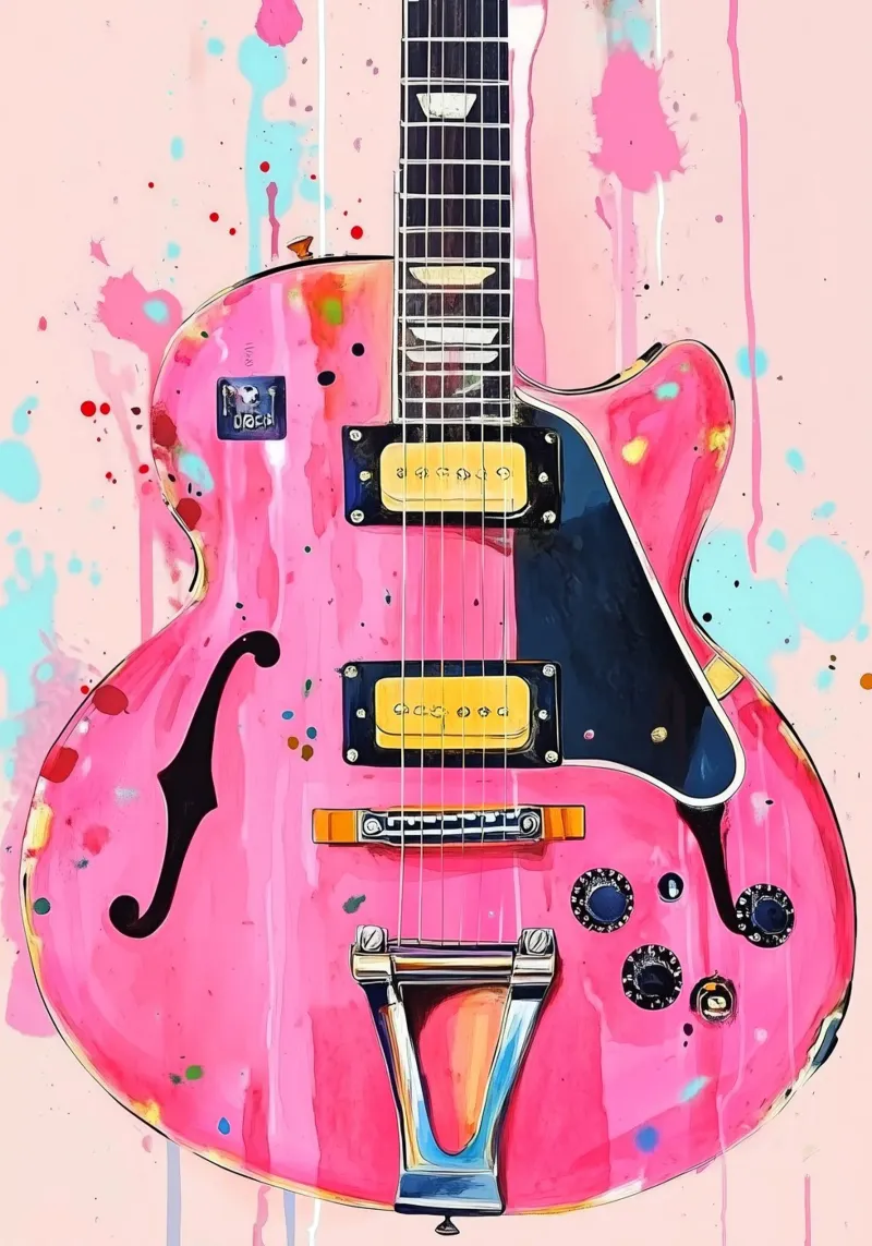 Pink watercolor guitar music art poster by Justyna Jaszke JBJart