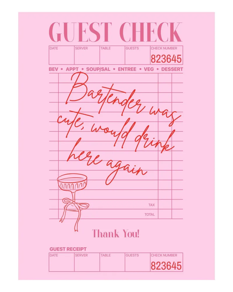 Guest Check Poster, Bartender Was Cute Print, arte de la pared rosa metacrilato de Coquette Club
