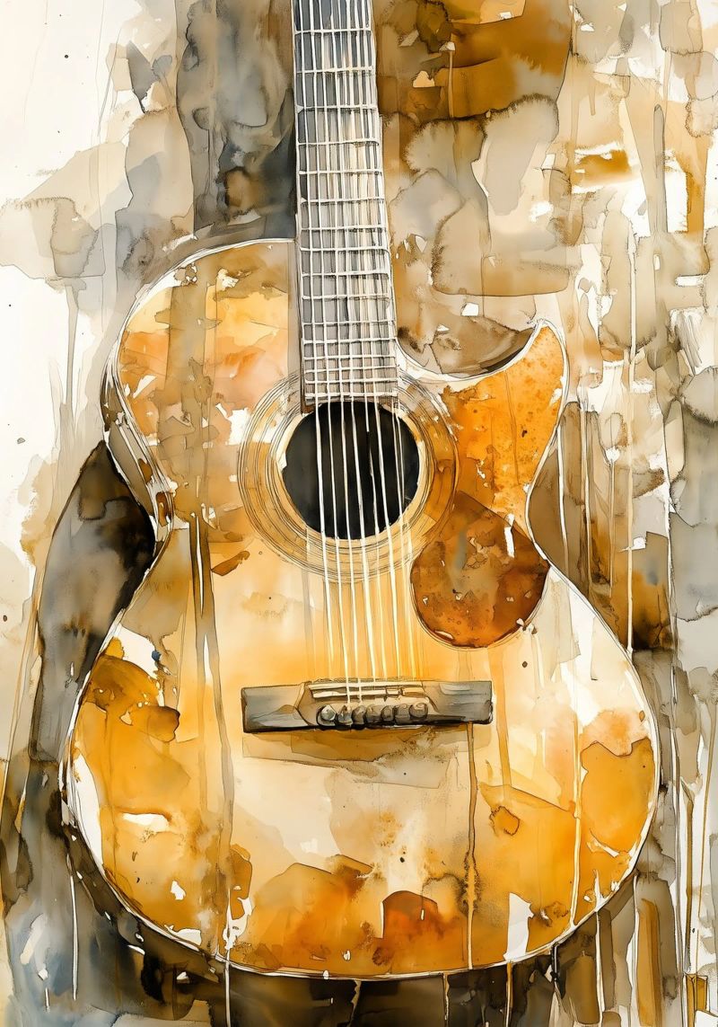 Brown watercolor guitar music art poster by Justyna Jaszke JBJart