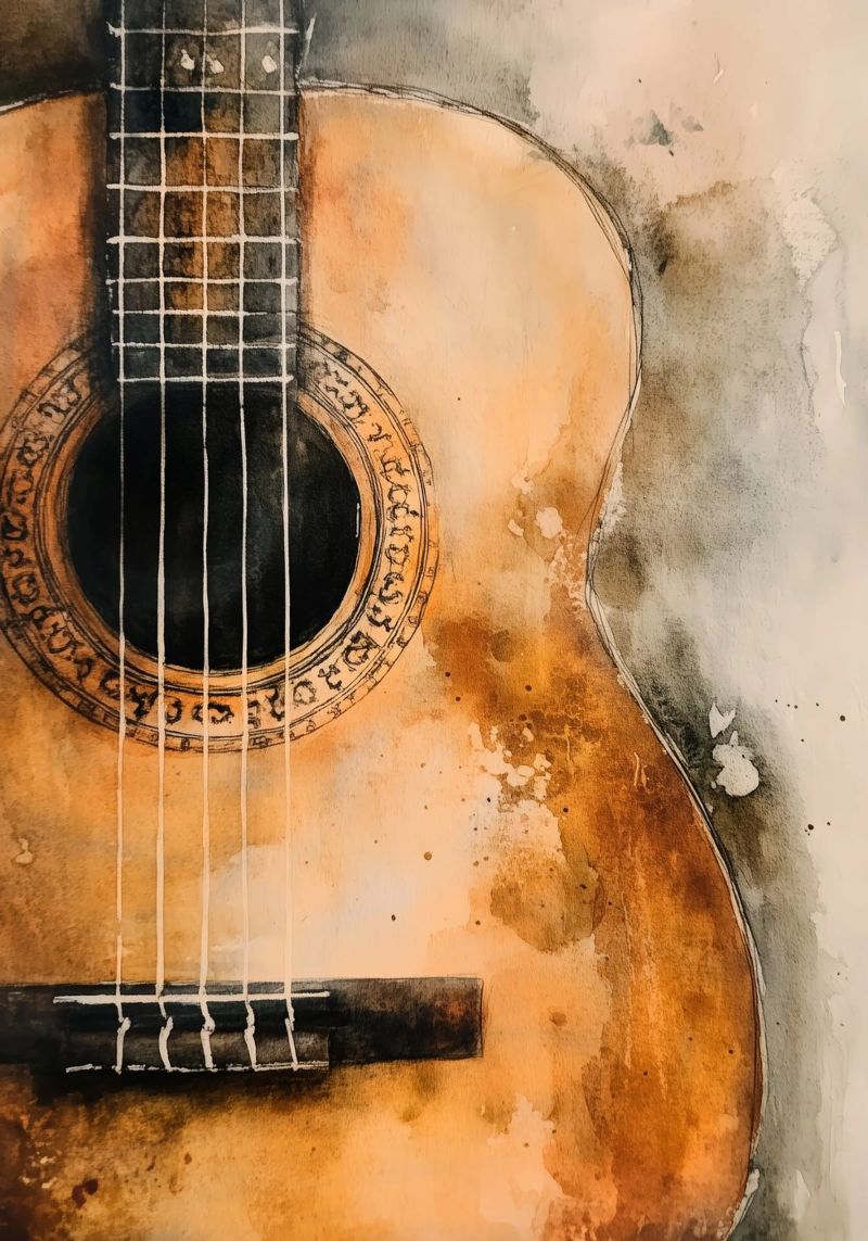 Watercolour flamenco guitar art poster by Justyna Jaszke JBJart